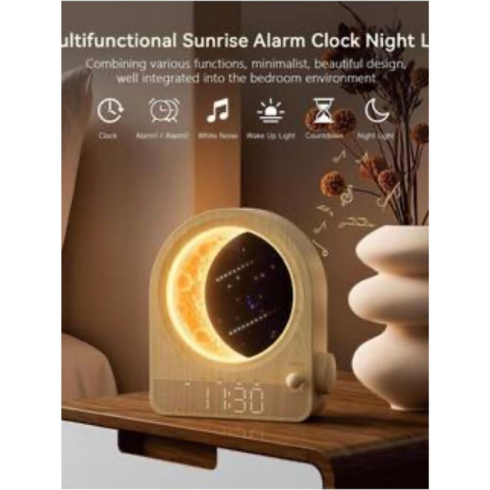Moon Lamp Dual Alarm Clock Sunrise Wake Up Light with White Noise - Picture 2 of 9